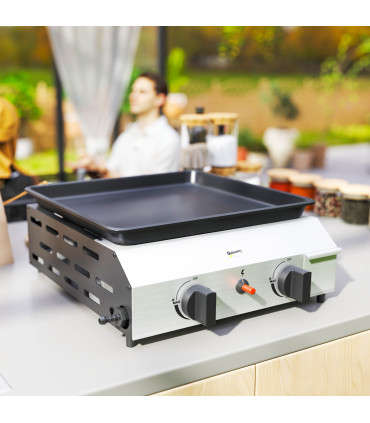 Compact Propane Gas Grill with Enameled Plancha & Easy Cleaning Features