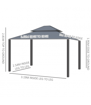 Outsunny 3 x 3.7m Aluminium Outdoor Hardtop Gazebo Canopy 2-Tier Roof Dark Grey