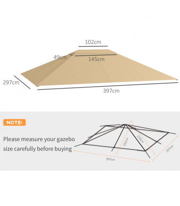 Outsunny 3 x 4m Gazebo Canopy Replacement Gazebo Roof Cover, Khaki