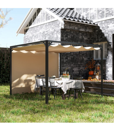 Outsunny 3 x 3(m) Pergola with Retractable Roof & Roller Shade, Khaki