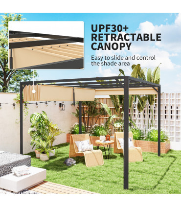 Outsunny 3 x 3(m) Pergola with Retractable Roof & Roller Shade, Khaki