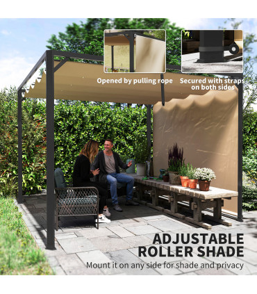 Outsunny 3 x 3(m) Pergola with Retractable Roof & Roller Shade, Khaki