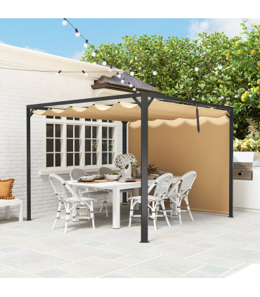Outsunny 3 x 3(m) Pergola with Retractable Roof & Roller Shade, Khaki