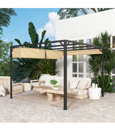 Outsunny 3 x 3(m) Pergola with Retractable Roof & Roller Shade, Khaki