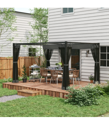 Outsunny 3 x 4m Pergola with Retractable Roof and Netting, Dark Grey