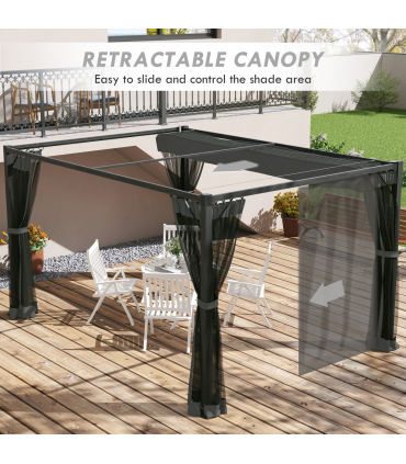 Outsunny 3 x 4m Pergola with Retractable Roof and Netting, Dark Grey