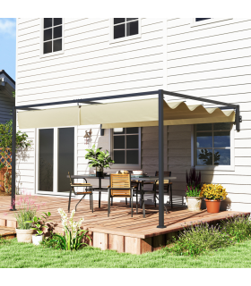 Outsunny 3 x 4m Wall Mounted Pergola with Retractable Roof, Khaki