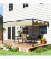 Outsunny 3 x 4m Wall Mounted Pergola with Retractable Roof, Khaki