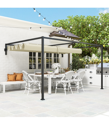 Outsunny 3 x 4m Wall Mounted Pergola with Retractable Roof, Khaki