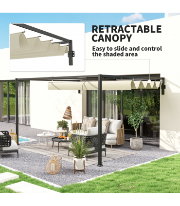 Outsunny 3 x 4m Wall Mounted Pergola with Retractable Roof, Khaki