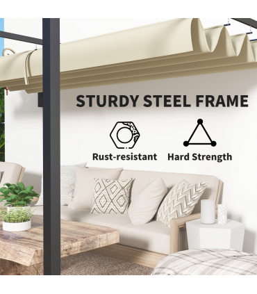 Outsunny 3 x 4m Wall Mounted Pergola with Retractable Roof, Khaki