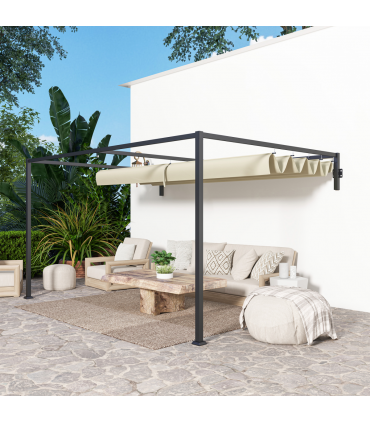 Outsunny 3 x 4m Wall Mounted Pergola with Retractable Roof, Khaki