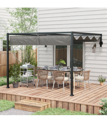 Outsunny 3 x 4m Wall Mounted Pergola with Retractable Sun Shade Canopy