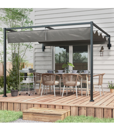 Outsunny 3 x 4m Wall Mounted Pergola with Retractable Sun Shade Canopy
