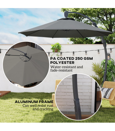 Outsunny 3(m) Garden Cantilever Parasol with Crank Aluminium Frame Grey