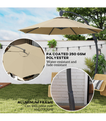 Outsunny 3(m) Garden Cantilever Parasol with Crank Aluminium Frame Khaki