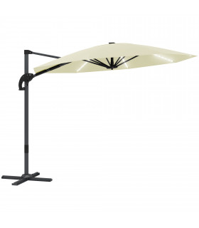 Outsunny 3(m) Garden Parasol w/ Lights, Crank Handle & Cross Base, Cream