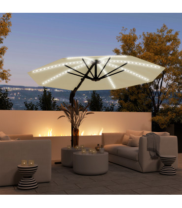 Outsunny 3(m) Garden Parasol w/ Lights, Crank Handle & Cross Base, Cream