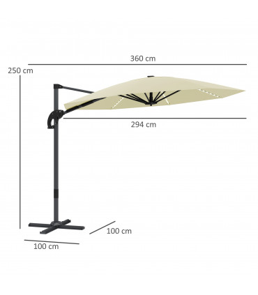 Outsunny 3(m) Garden Parasol w/ Lights, Crank Handle & Cross Base, Cream