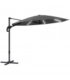 Outsunny 3(m) Garden Parasol w/ Lights, Crank Handle & Cross Base, Dark Grey