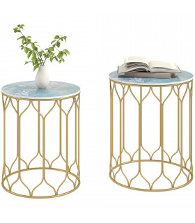 Outsunny Nesting Small Garden Table Set of 2 with Marble Effect Top, Multi