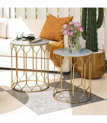 Outsunny Nesting Small Garden Table Set of 2 with Marble Effect Top, Multi