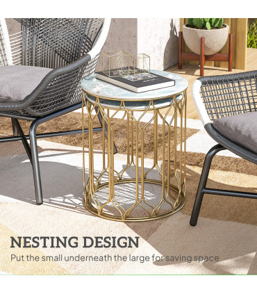 Outsunny Nesting Small Garden Table Set of 2 with Marble Effect Top, Multi