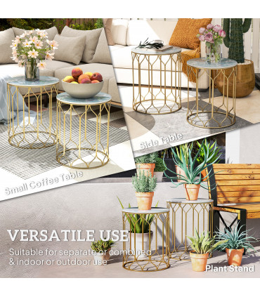 Outsunny Nesting Small Garden Table Set of 2 with Marble Effect Top, Multi