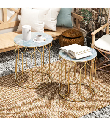 Outsunny Nesting Small Garden Table Set of 2 with Marble Effect Top, Multi