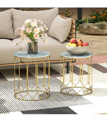 Outsunny Nesting Small Garden Table Set of 2 with Marble Effect Top, Multi