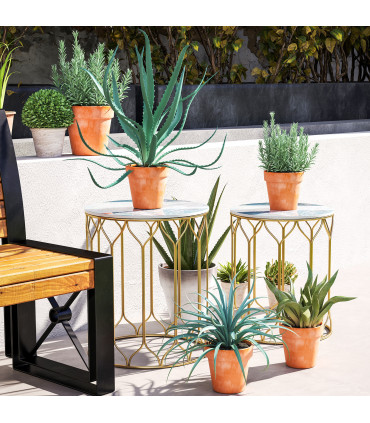 Outsunny Nesting Small Garden Table Set of 2 with Marble Effect Top, Multi