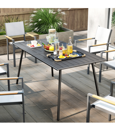 Outsunny Garden Table for 6 Person with Slat Top, Steel Frame, Grey