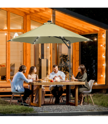 Outsunny 3(m) Cantilever Garden Parasol Umbrella W/ Solar LED and Cover, Beige