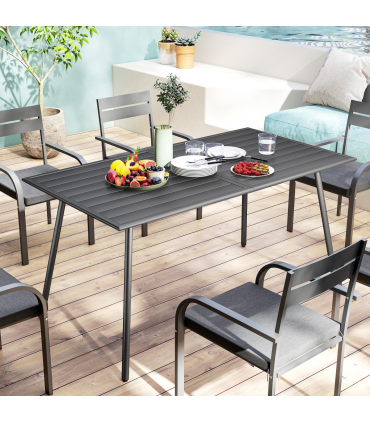 Outsunny Garden Table for 6 Person with Slat Top, Steel Frame, Grey