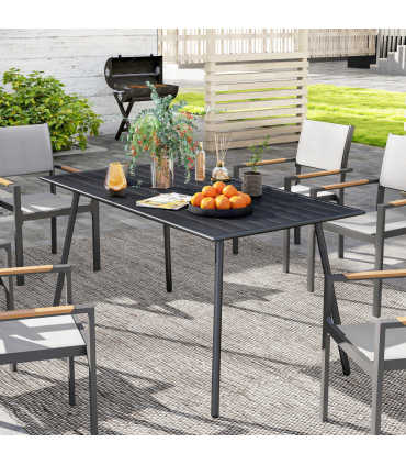 Outsunny Garden Table for 6 Person with Slat Top, Steel Frame, Black