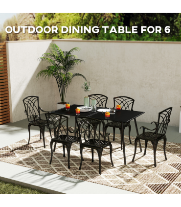 Outsunny Garden Table for 6 Person with Slat Top, Steel Frame, Black
