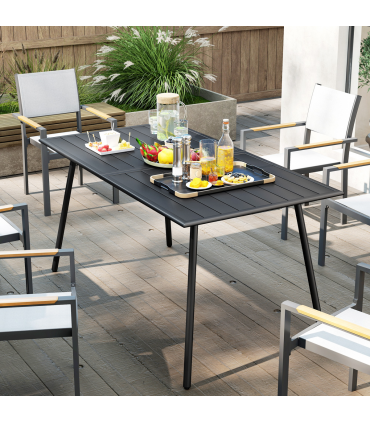 Outsunny Garden Table for 6 Person with Slat Top, Steel Frame, Black
