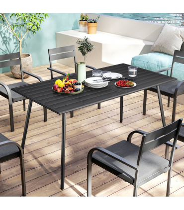 Outsunny Garden Table for 6 Person with Slat Top, Steel Frame, Black