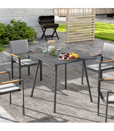 Outsunny Garden Table for 4 Person with Slat Top, Steel Frame, Grey