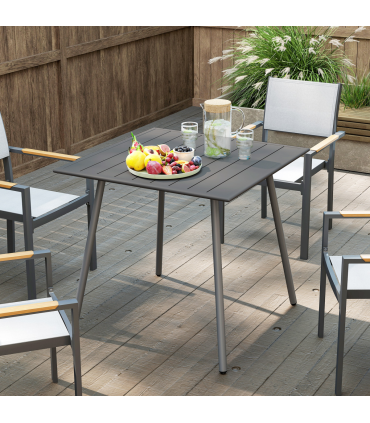 Outsunny Garden Table for 4 Person with Slat Top, Steel Frame, Grey