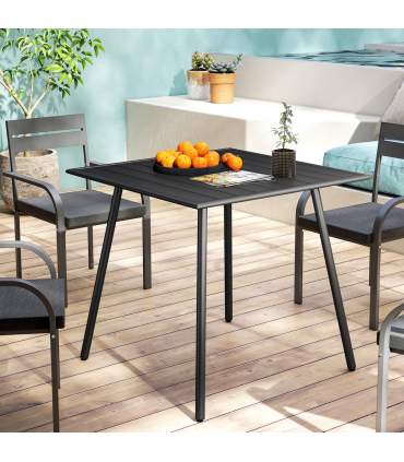 Outsunny Garden Table for 4 Person with Slat Top, Steel Frame, Black