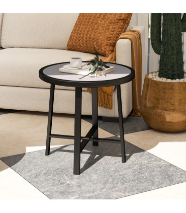 Outsunny 50.5cm Round Garden Table with SPC Tabletop, Grey Wood Effect
