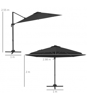 Outsunny 3(m) Solar LED Cantilever Parasol Adjustable Garden Umbrella Dark Grey