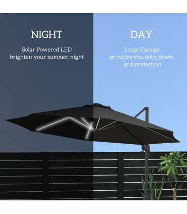 Outsunny 3(m) Solar LED Cantilever Parasol Adjustable Garden Umbrella Dark Grey