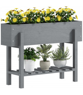 Outsunny Wooden Raised Bed w/ Bed Liner, Storage Shelf, Grey