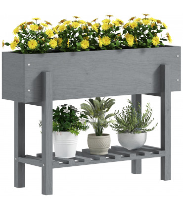 Outsunny Wooden Raised Bed w/ Bed Liner, Storage Shelf, Grey