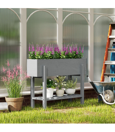 Outsunny Wooden Raised Bed w/ Bed Liner, Storage Shelf, Grey