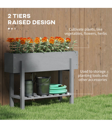 Outsunny Wooden Raised Bed w/ Bed Liner, Storage Shelf, Grey