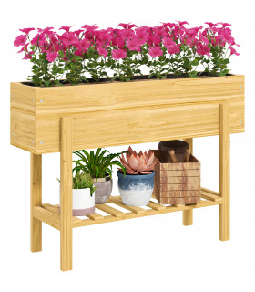 Outsunny Wooden Raised Bed w/ Bed Liner, Storage Shelf, Natural Wood Finish