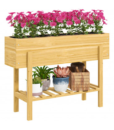 Outsunny Wooden Raised Bed w/ Bed Liner, Storage Shelf, Natural Wood Finish
